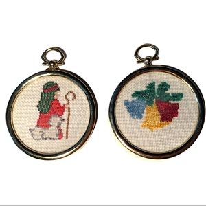 Handmade Petite Point Cross Stitch Christmas Tree Ornament Pair